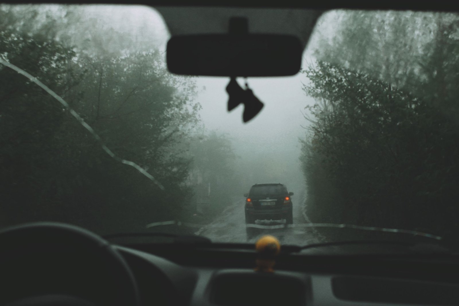 Gloomy car ride in dense fog, capturing mysterious road atmosphere.